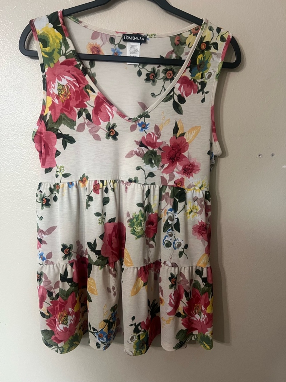 HEIMISH USA Cream Floral Tiered Tank Dress with Pink and Green Accents